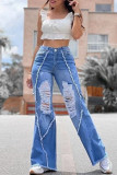 Blå Mode Casual Solid Ripped Slit Hög midja Vanliga denim jeans