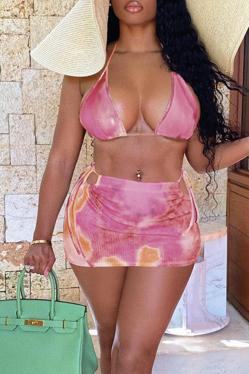 

Pink Sexy Print Tie Dye Split Joint Frenulum Backless Halter Sleeveless Two Pieces