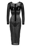 ブラックシルバーファッションセクシーなパッチワークホットドリルシースルーOネック長袖ドレス