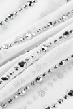 Blanco Moda Sexy Patchwork Perforación en caliente O Cuello transparente Vestidos de manga larga
