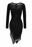 Black Sexy Hot Drilling Hollowed Out Slit Square Collar Long Sleeve Dresses