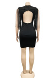 ブラックファッションセクシーなソリッドタッセルパッチワークVネックワンステップスカートドレス