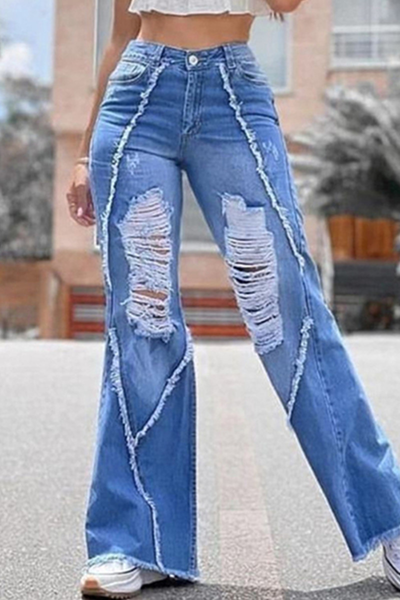 

Blue Fashion Casual Solid Ripped Slit High Waist Regular Denim Jeans