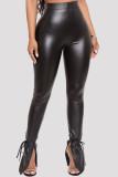 Pantalones de cintura alta ajustados con abertura en el vendaje sólido casual de moda negro