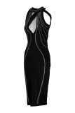 Vestido preto sexy perfurado vazado transparente sem costas metade de um vestido sem mangas com gola alta
