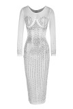 Svart Silver Mode Sexigt Patchwork Hot Drilling Genomskinlig O-hals långärmade klänningar
