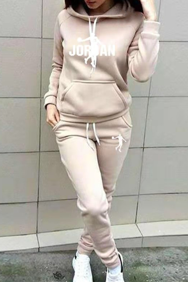 

Khaki Fashion Casual Print Basic Hooded Collar Long Sleeve Two Pieces