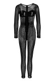 Schwarze Mode Sexy Patchwork Hot Drilling Durchsichtige O-Ausschnitt Skinny Jumpsuits