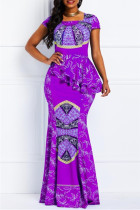 Фиолетовое модное повседневное платье в стиле пэчворк с круглым вырезом и короткими рукавами