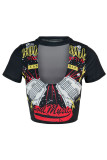 Black Sexy Print Hollowed Out Patchwork V Neck T-Shirts