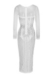 White Fashion Sexy Patchwork Hot Drilling See-through O Neck Long Sleeve Dresses