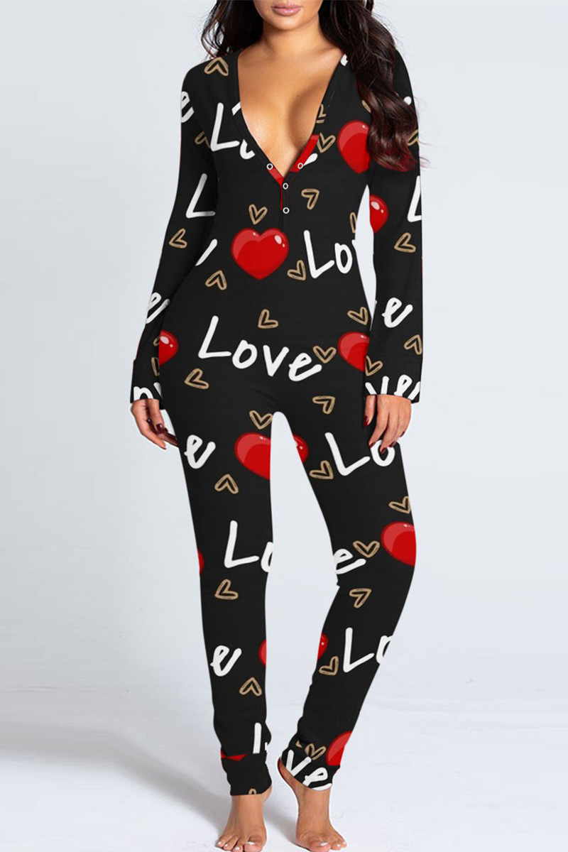 

Black Red Fashion Casual Living Print Basic V Neck Skinny Jumpsuits