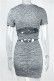 Grey Sexy Casual Solid Backless Fold O Neck Short Sleeve Dress