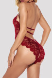 Rode mode Sexy patchwork uitgeholde doorschijnende rugloze lingerie