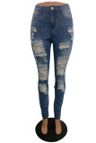 Jeans jeans skinny azul fashion casual sólido rasgado cintura média