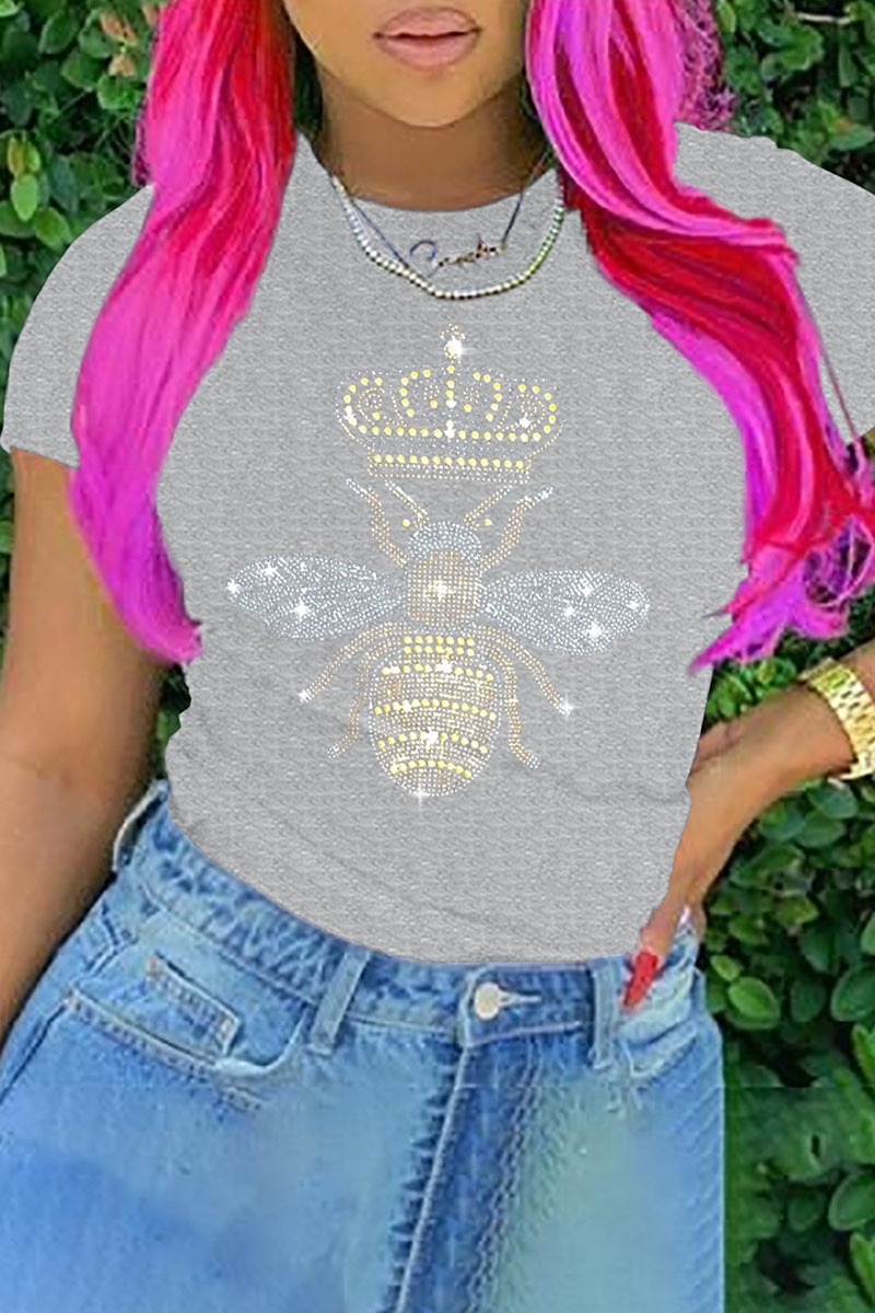 

Grey Casual Solid Split Joint Hot Drill O Neck T-Shirts