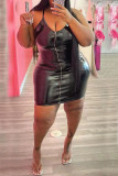ブラック セクシー ソリッド パッチワーク ジッパー スパゲッティ ストラップ スリング ドレス プラス サイズ ドレス