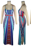Vestido de tirante de espagueti de patchwork con estampado vintage azul real Vestidos