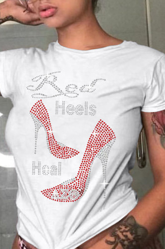 White Casual Solid Patchwork Hot Drill O Neck T-Shirts