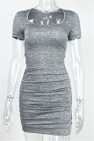 Grey Sexy Casual Solid Backless Fold O Neck Short Sleeve Dress