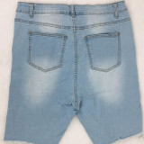 Ljusblått Mode Casual Solid Ripped Skinny Hög midja Konventionella enfärgade jeansshorts i plusstorlek