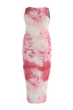 ピンクのセクシーなカジュアル プラス サイズ タイダイ印刷 U ネック ベスト ドレス