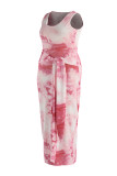 Roze Sexy Casual Plus Size Tie Dye Printing U-hals Vest Jurk