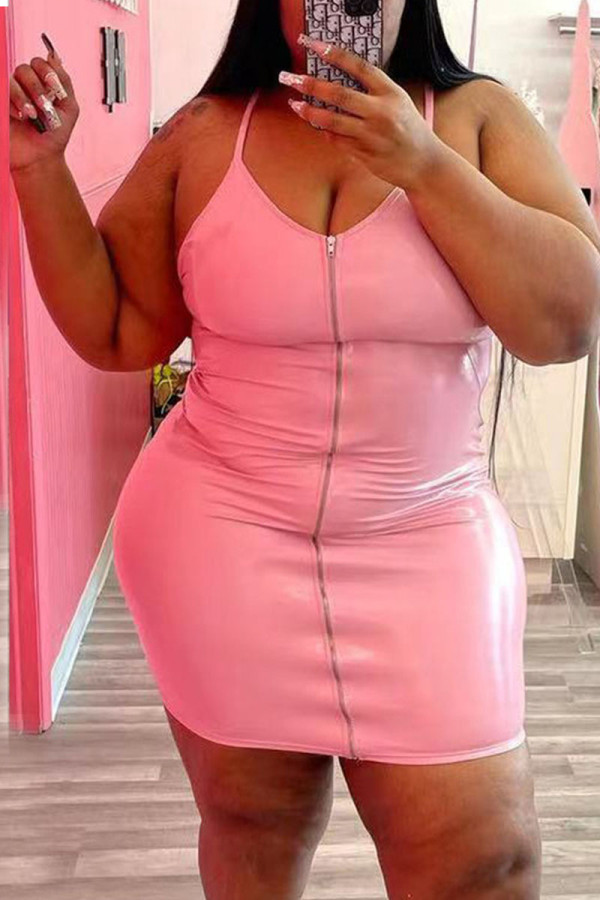 Roze sexy effen patchwork rits spaghettibandjes sling-jurk plus maten jurken