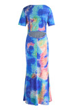 Blau Mode Lässig Brief Drucken Tie-Dye O-Ausschnitt Kurzarm Kleid Kleider