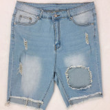 Pantalones cortos de mezclilla de talla grande de color sólido convencional de cintura alta rasgados sólidos casuales de moda azul claro