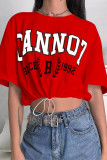 Tangerine Red Casual Print Patchwork Draw String O Neck Camisetas