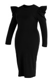 Schwarze, modische, lässige, solide Basic-Kleider mit O-Ausschnitt und langen Ärmeln in Übergröße