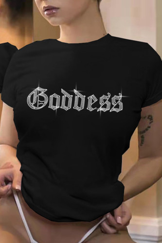 Black Sexy Casual Solid Patchwork Hot Drill O Neck T-Shirts