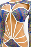 Blue Sexy Print Hollowed Out Patchwork O Neck Swimwear