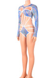 Blue Sexy Print Hollowed Out Patchwork O Neck Swimwear