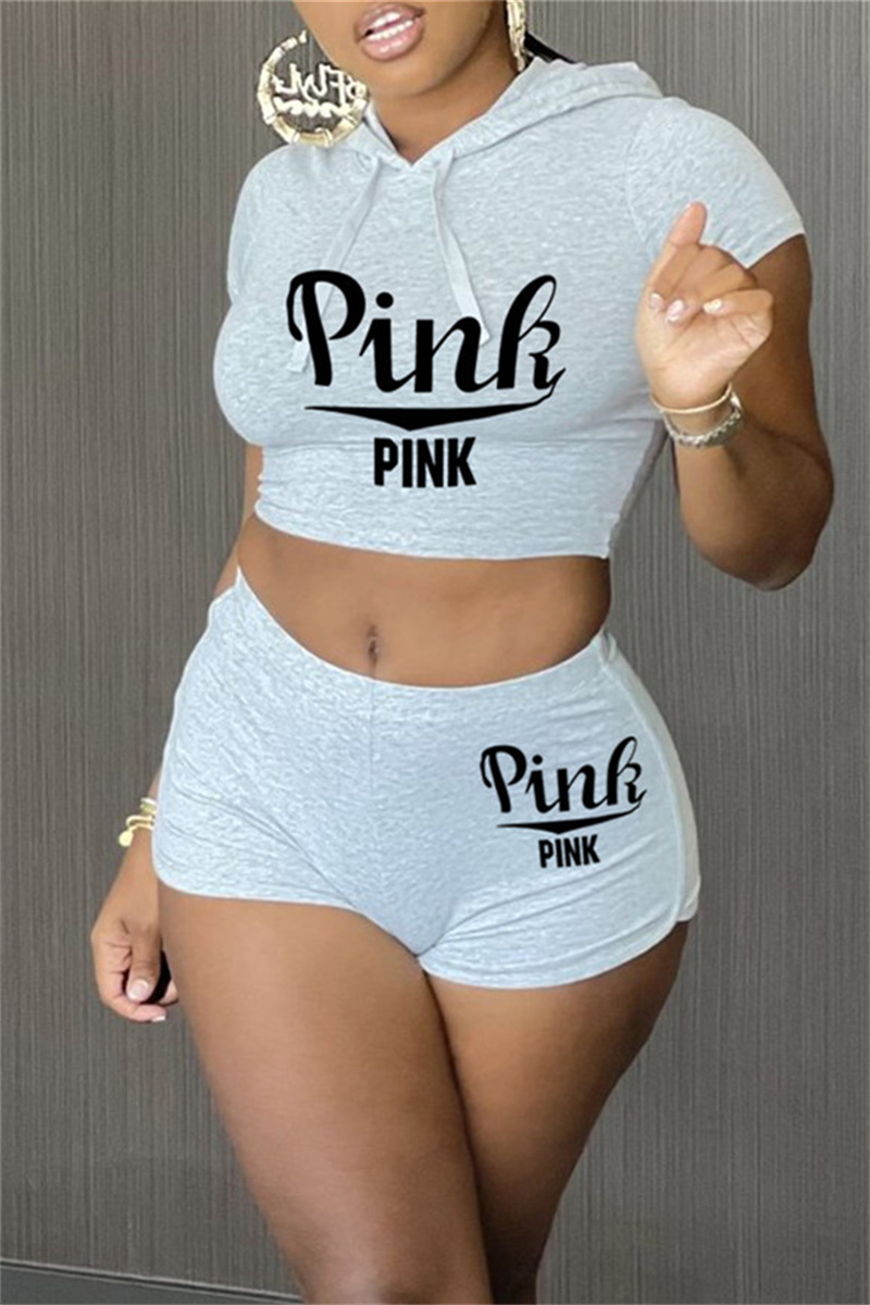 

Grey Fashion Casual Letter Print Basic Hooded Collar Short Sleeve Two Pieces