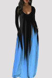 Grå Mode Casual Print Basic V-hals långärmade klänningar