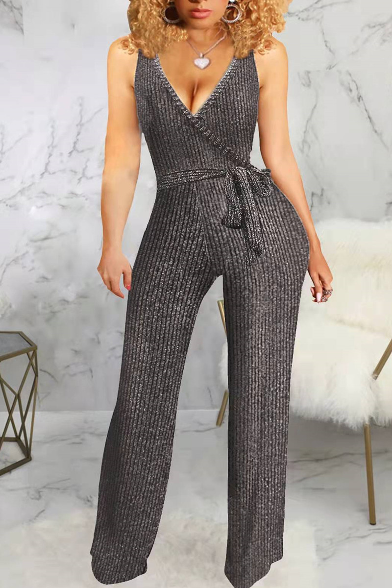 

Grey Fashion Casual Solid Basic V Neck Regular Jumpsuits