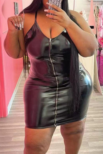 Black Sexy Solid Split Joint Zipper Spaghetti Strap Sling Dress Plus Size Dresses
