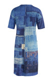 Deep Blue Mode Casual Print Basic V-ringad kortärmad klänning