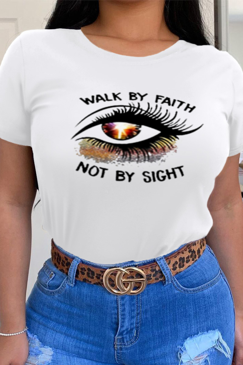 

White Casual Vacation Print Split Joint O Neck T-Shirts