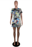 Multicolor Fashion Casual Print Basic O Neck Short Sleeve Dress Dresses