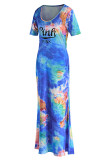 Синее модное повседневное платье с коротким рукавом и круглым вырезом с буквенным принтом Платья Платья