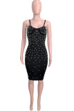 Black Sexy Solid Patchwork Beading Hot Drill Spaghetti Strap Pencil Skirt Dresses