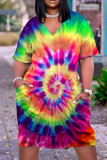 Colour Fashion Casual Rainbow Print Tie-dye V Neck Short Sleeve T-shirt Loose Dress