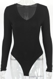 Black Sexy Solid V Neck Regular Bodysuits