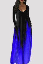Deep Blue Fashion Casual Print Basic V Neck Long Sleeve Dresses