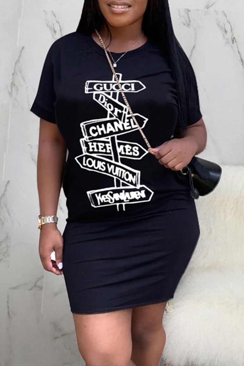 

Black Fashion Casual Print Letter O Neck One Step Skirt Dresses