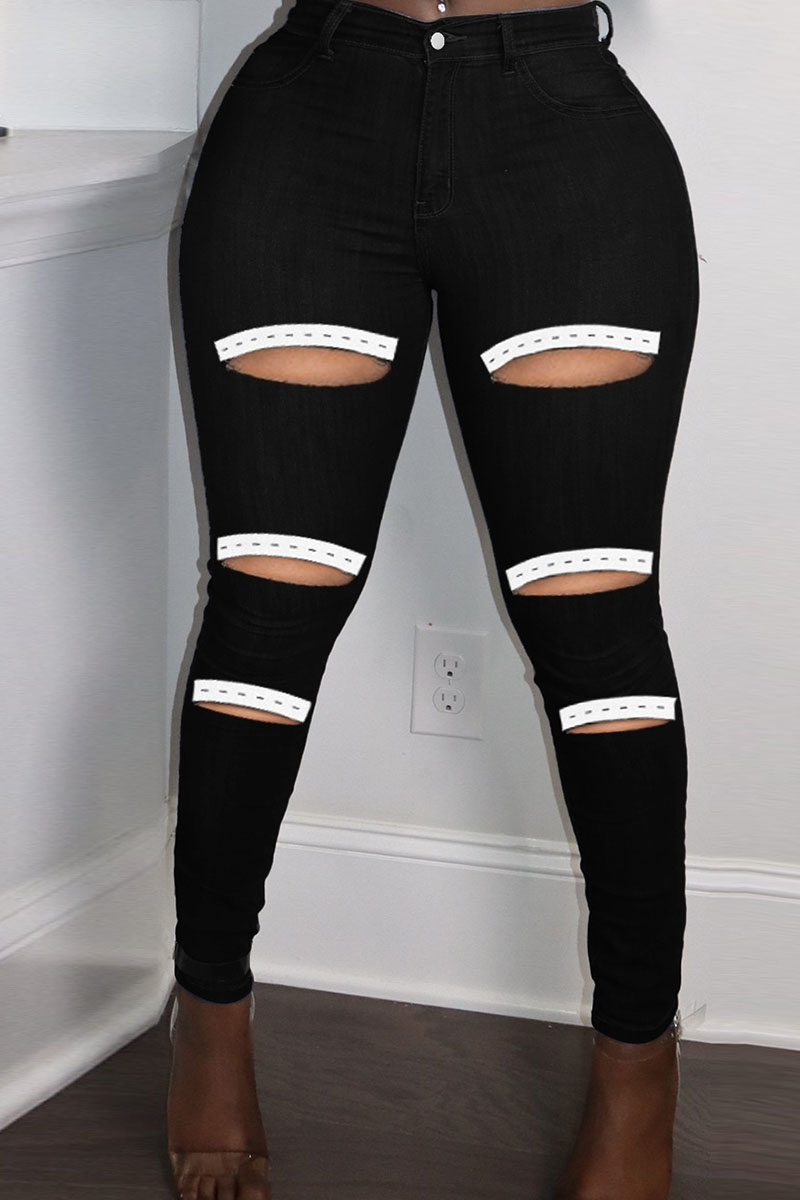 

Black Casual Street Solid Ripped Split Joint Plus Size Jeans