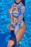 Blauwe sexy print uitgeholde patchwork zwemkleding met O-hals